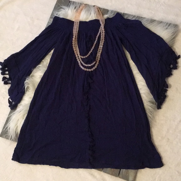 love, Fire Tops - Navy Off the shoulder tunic top